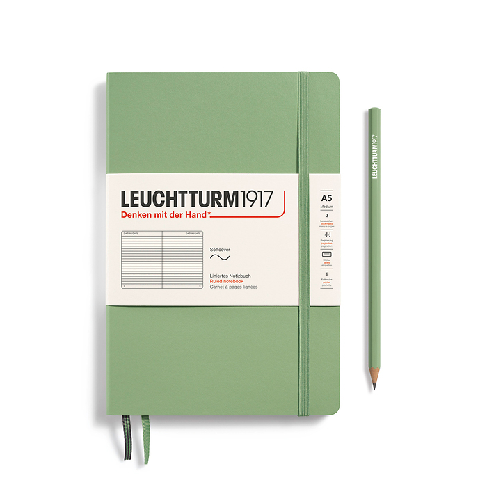 Libreta Medium (A5), Tapas blanda, 123 Páginas numeradas, Sage, Rayado