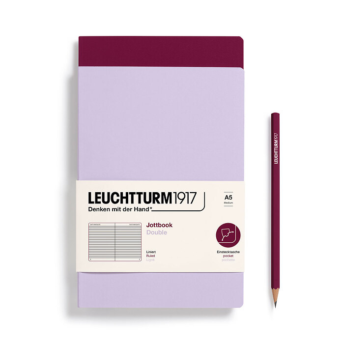 Jottbook Doble (A5 Medium), 59 P. numeradas, Rayado, Lilac & Port Red, paquete doble