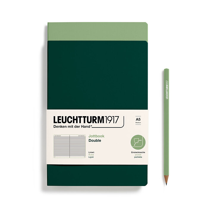 Jottbook Doble (A5 Medium), 59 P. numeradas, Rayado, Sage &  Forest Green, paquete doble