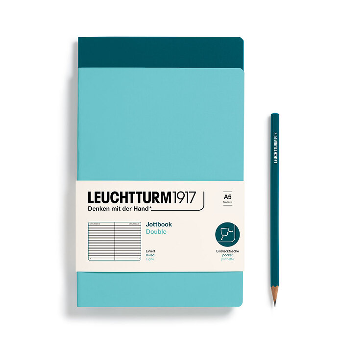 Jottbook Doble (A5 Medium), 59 P. numeradas, Rayado, Aquamarine & P. Green, Doppelpack