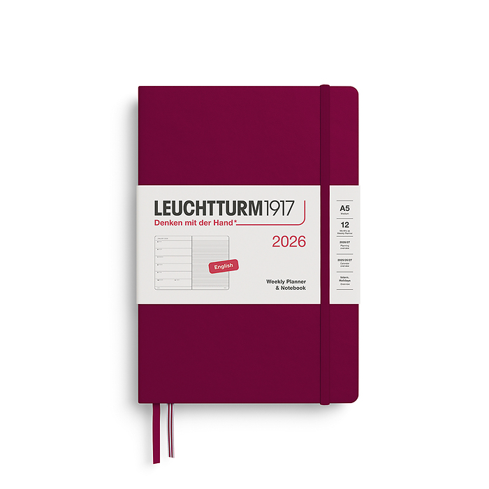 Agenda Semana Vista & Libreta  Medium (A5) 2026, Port Red, Inglés