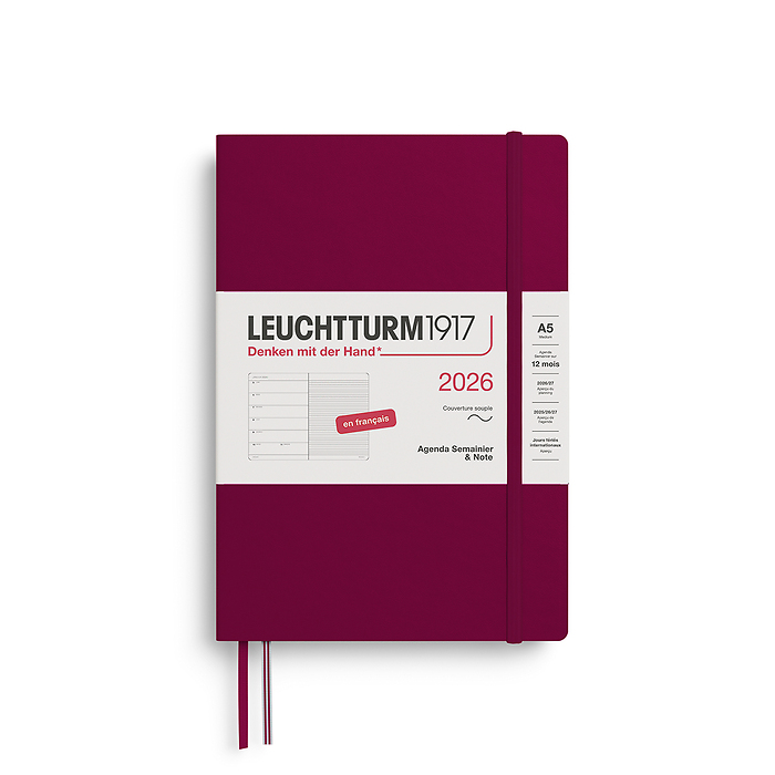 Agenda Semana Vista & Libreta  Medium (A5) 2026, Tapas blandas, Port Red, Francés