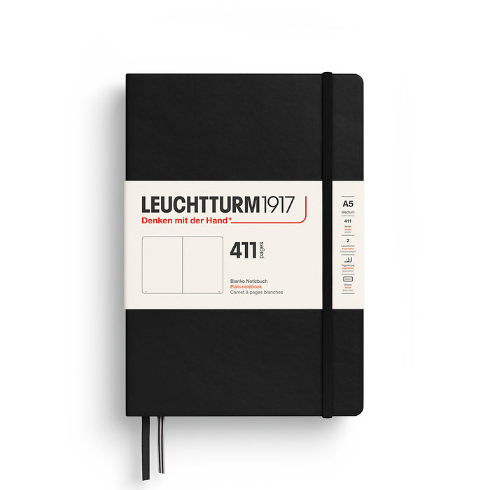Libreta Medium (A5), Tapa dura, 411 páginas numeradas, Negro, Blanco