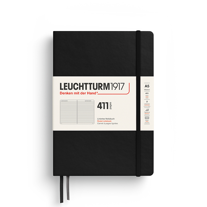 Libreta Medium (A5), Tapa dura, 411 páginas numeradas, Negro, Rayado
