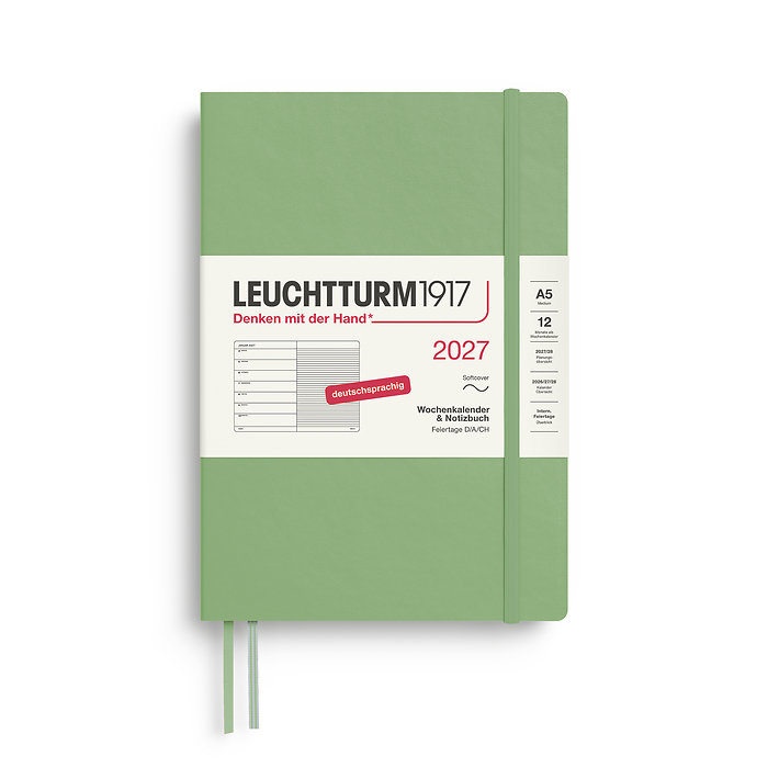 Agenda Semana Vista & Libreta  Medium (A5) 2027, Tapas blandas, Sage, Alemán