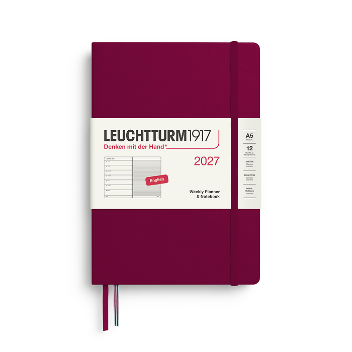 Agenda Semana Vista & Libreta  Medium (A5) 2027, Port Red, Inglés