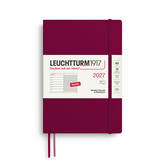 Agenda Semana Vista & Libreta  Medium (A5) 2027, Tapas blandas, Port Red, Inglés