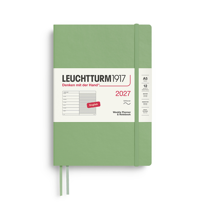 Agenda Semana Vista & Libreta  Medium (A5) 2027, Tapas blandas, Sage, Inglés