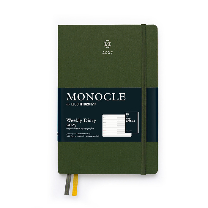 Agenda Semana Vista y Libreta Monocle, B6+ 2027, con libreto extra, Olive, Inglés
