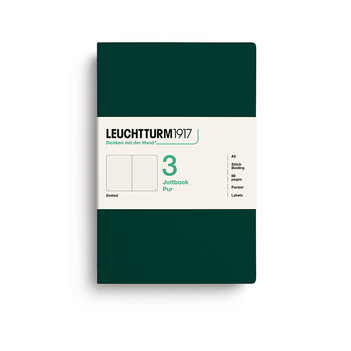 Jottbook pur (A5), 80 páginas numeradas, dotted, Forest Green, set de 3