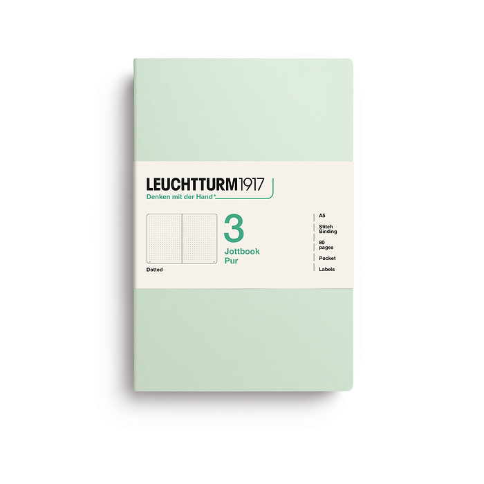 Jottbook pur (A5), 80 páginas numeradas, dotted, Mint Green, set de 3