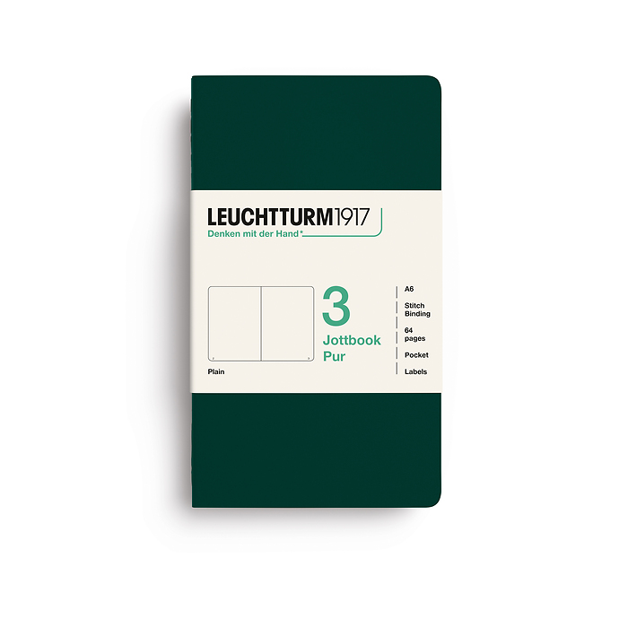 Jottbook pur (A6), 64 páginas numeradas, en blanco, Forest Green, set de 3