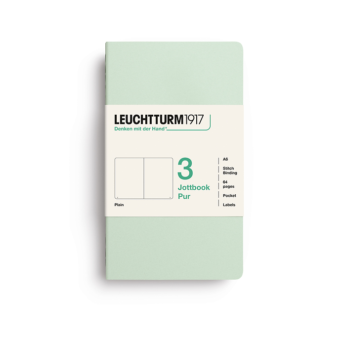 Jottbook pur (A6), 64 páginas numeradas, en blanco, Mint Green, set de 3