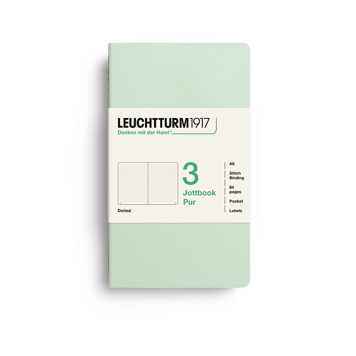Jottbook pur (A6), 64 páginas numeradas, dotted, Mint Green, set de 3